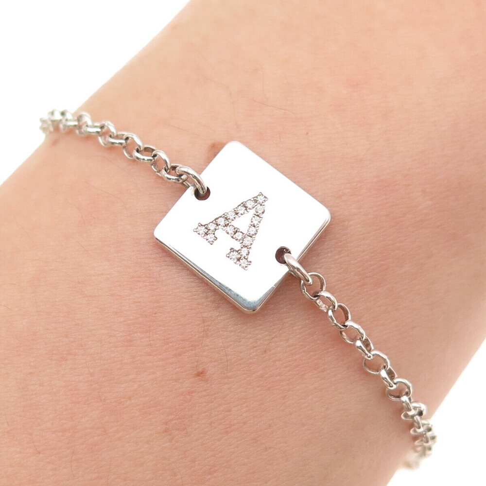 925 Sterling Silver Italy Round-Cut C Z Letter A Initial Rolo Link Bracelet 5"